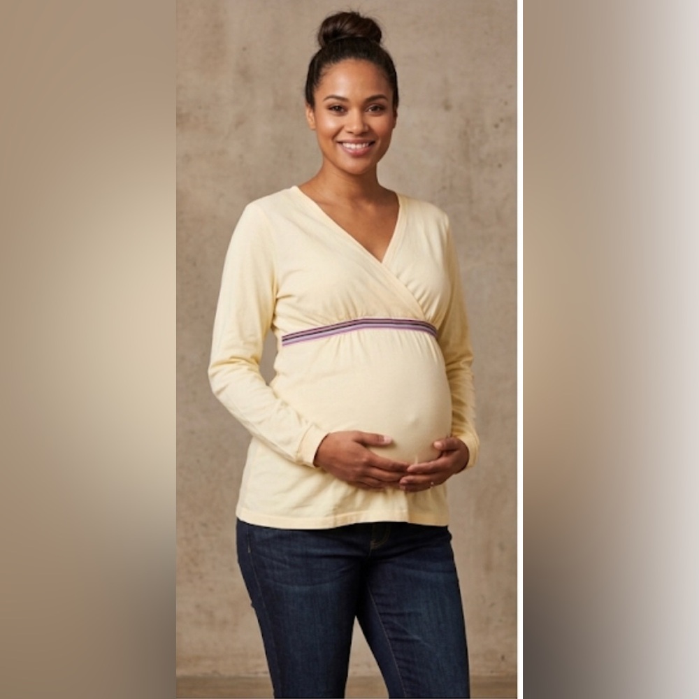 MOTHER Pale Yellow V-Neck Long Sleeve Top with Purple and Pink Waist Stripe